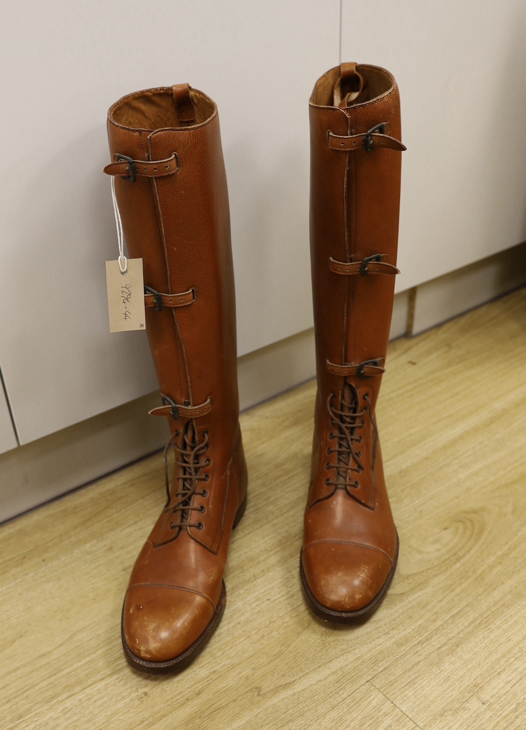 A pair of Gentleman’s brown leather riding boots, size approx. 10, from heel 51cms high